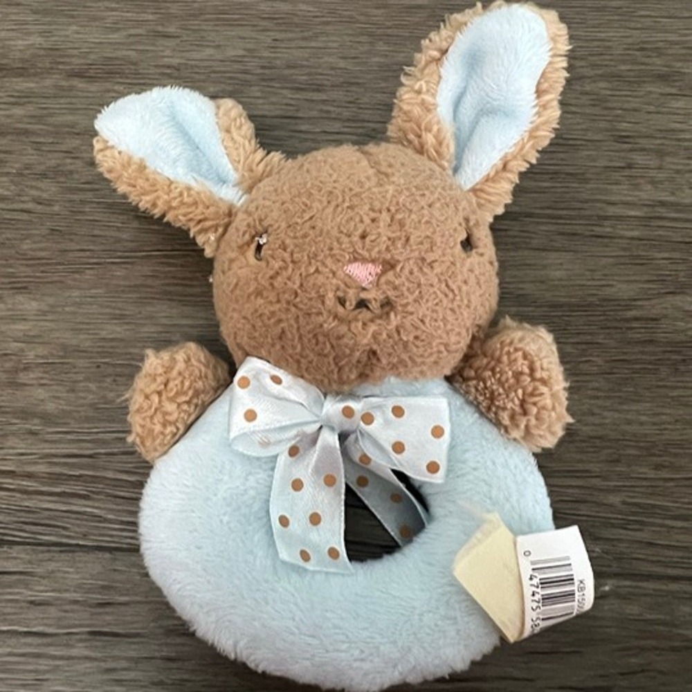 Blue Brown Bunny Rabbit Plush Baby Rattle Soft Sherpa Infant Toy with Bow